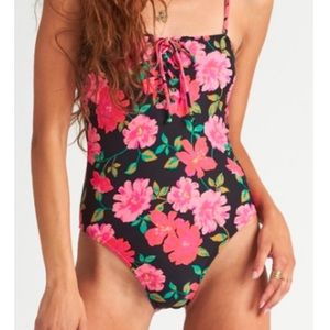 BILLABONG Lace-up One Piece Pink Floral Bathingsuit